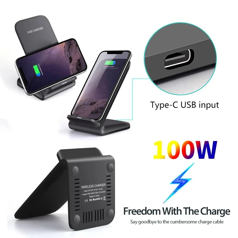 NEW 65W Fast Universal Wireless Charger Stand | Certified Wireless Charger for Samsung S22 S21 Note 20 Fast Charging Stand For iPhone 14 13 12 11 XS XR X 8 AirPods Pro & Google Phones (No Adapter)