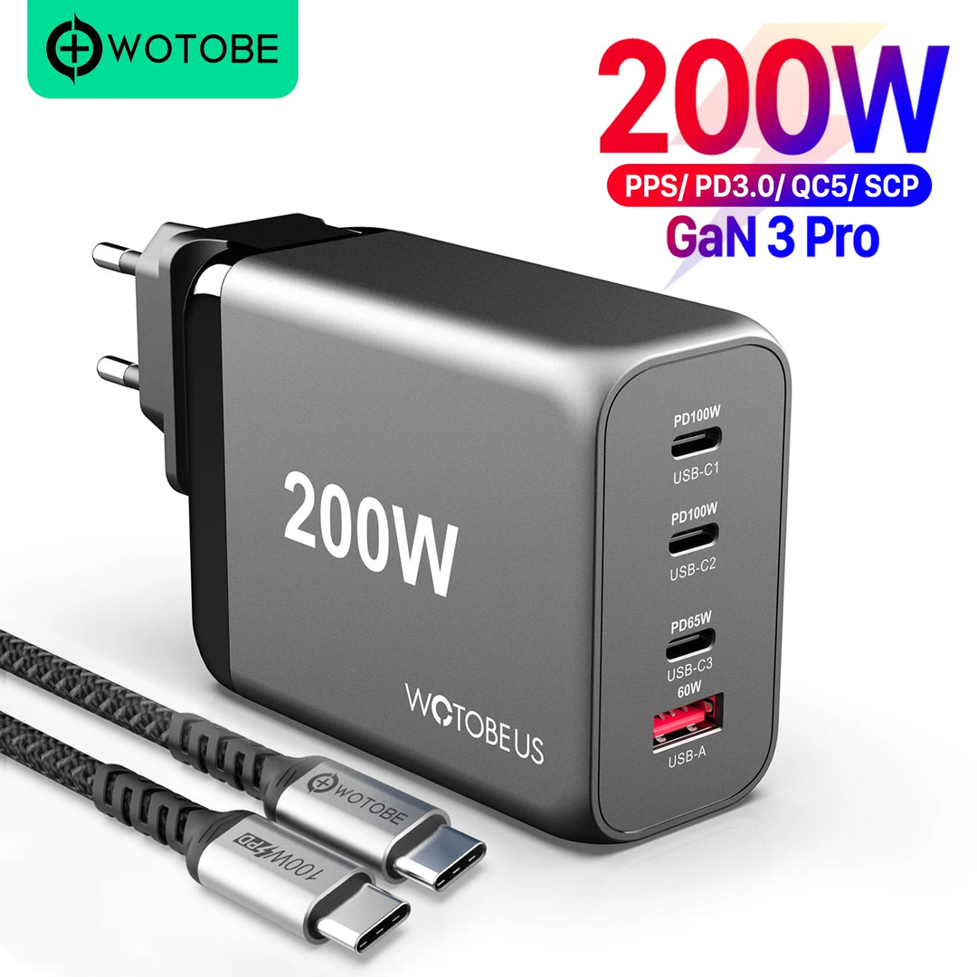 GaN 3 Pro, 200 W USB-C Fast Charger, WOTOBE US 4-Ports PD100 W, PPS 65 W, 45 W QC5 for iPhones, MacBook, Tablets & Laptops