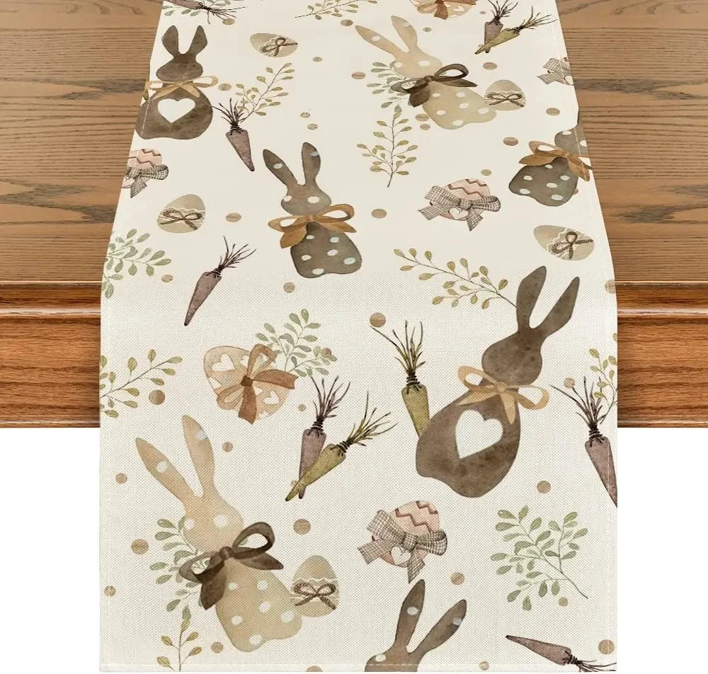 Easter-themed dining table runner with whimsical rabbit 