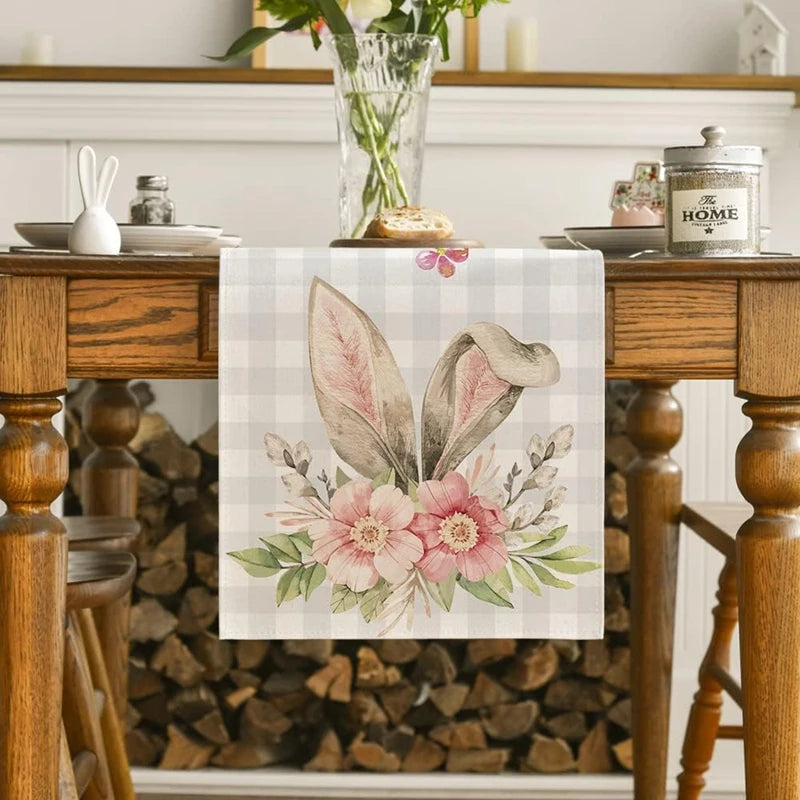 Linen Easter Table Runner Cute Bunny Dining Table Cloth 2024 Spring Holiday Happy Easter Decoration For Home Party Supplies Gift