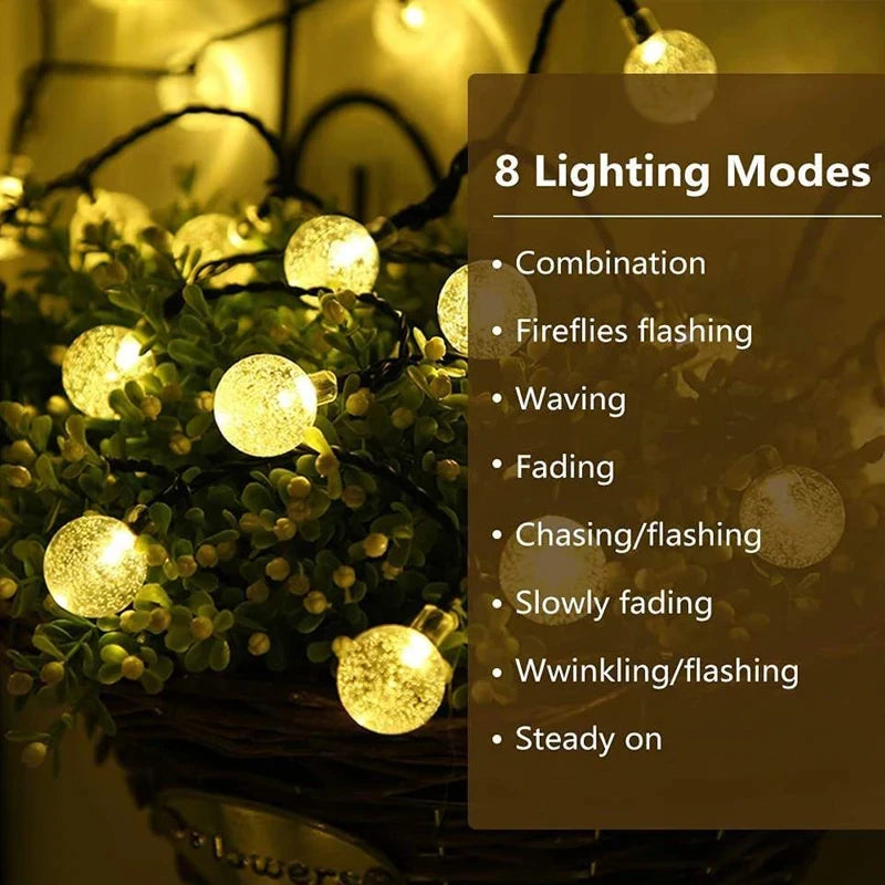 Solar Crystal LED String Lights, 60 LED 8 Lighting Modes, IP65, Fairy Light, Christmas, Garland For Garden Party Decor - 1&2 Pcs