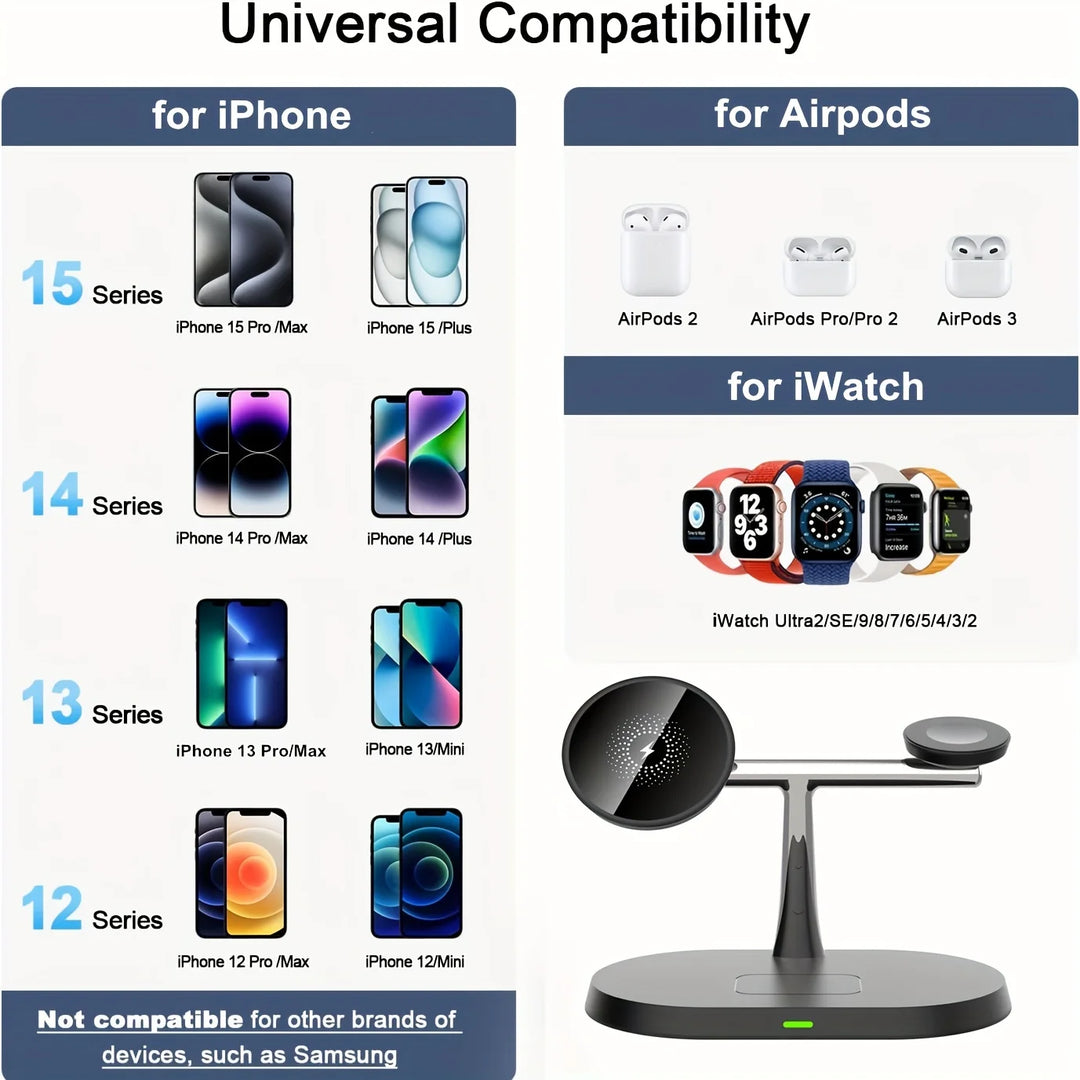 100W Magnetic Wireless Charger Stand For iPhone 15 14 13 Pro Max | Apple Watch 8 7 6 | AirPods 3 In 1 Magsafe Fast Charging Station