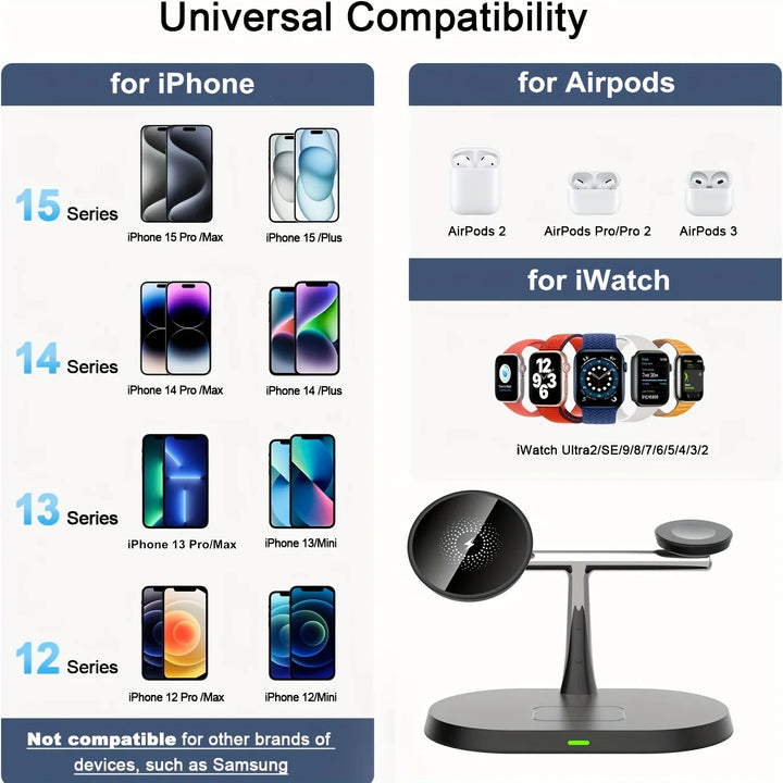 100W Magnetic Wireless Charger Stand For iPhone 15 14 13 Pro Max | Apple Watch 8 7 6 | AirPods 3 In 1 Magsafe Fast Charging Station