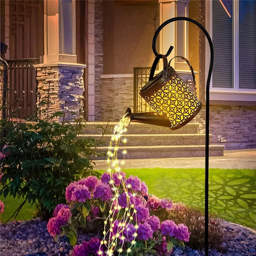 Solar Watering Can Light - Hanging On Hook Waterfall Lamp for Outdoor Garden Decor