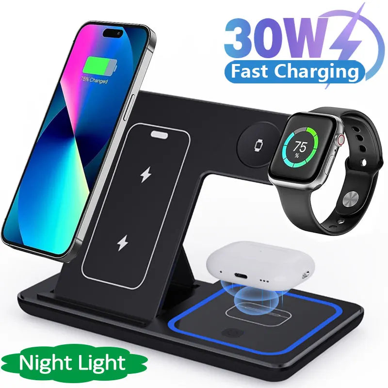 30W LED Portable Fast Wireless Charger Stand 3 in 1 | Foldable Universal Cell Phone Charging Station | Apple Watch 9 8 7 6 5 Airpods Pro (NOT For Samsung Watch & Bud)