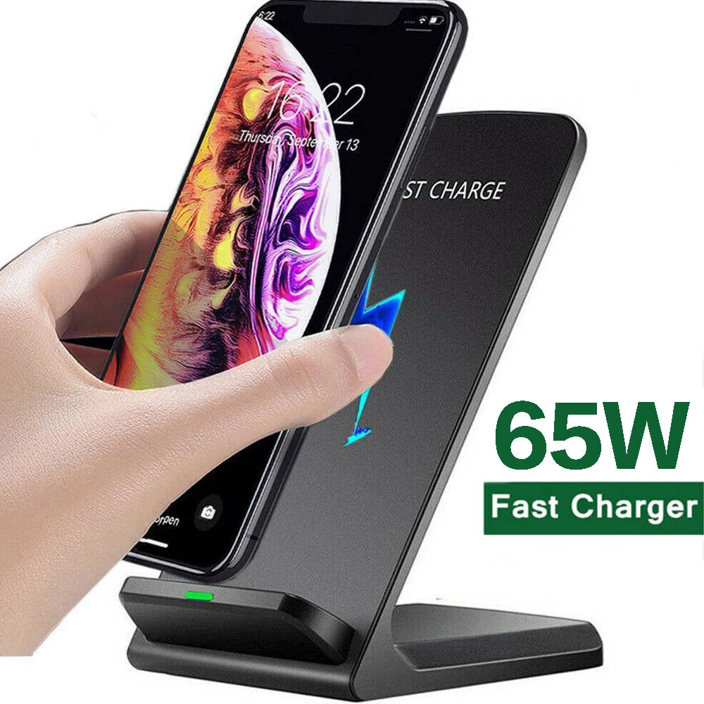 NEW 65W Fast Universal Wireless Charger Stand | Certified Wireless Charger for Samsung S22 S21 Note 20 Fast Charging Stand For iPhone 14 13 12 11 XS XR X 8 AirPods Pro & Google Phones (No Adapter)