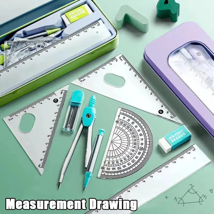 7 Piece Compass and Ruler Set - Modern Student Ruler Box for Exams and School Supplies