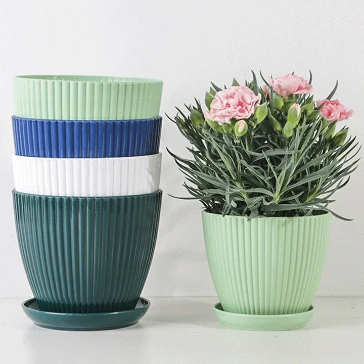 Plastic Succulent Flower Pot with Tray - Vertical Striped Round Planter for Home and Office Decor