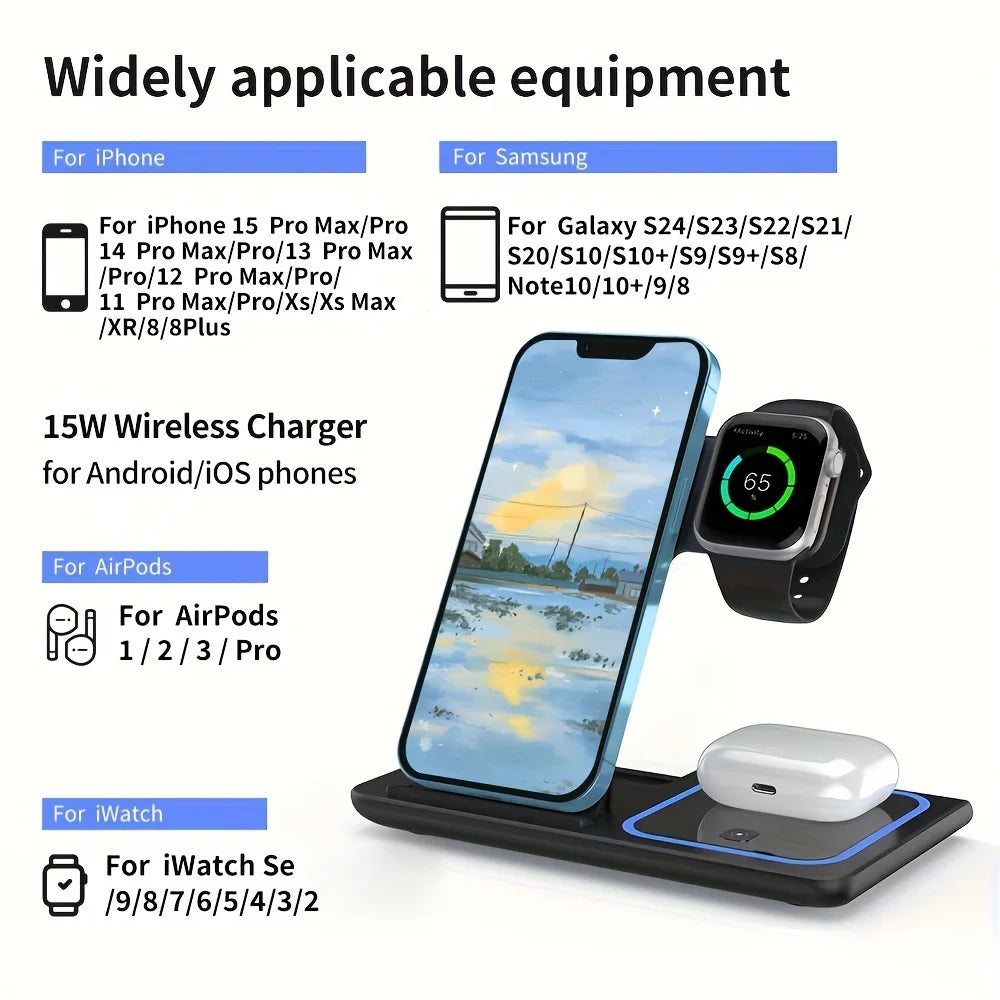 3-in-1 Fast Wireless Charger Station For Cell Phones, Ipods & Smart watches