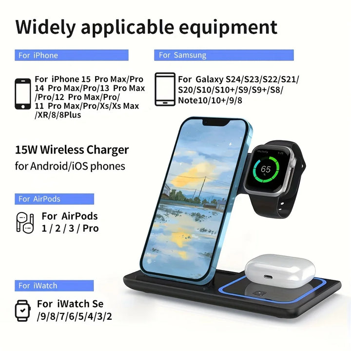 3-in-1 Fast Wireless Charger Station For Cell Phones, Ipods & Smart watches