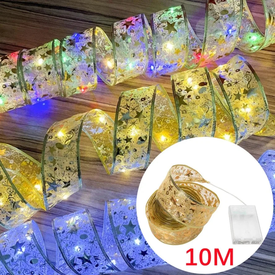 LED Ribbon Lights Christmas, New Year Home Decoration, Christmas Tree Ornaments Lace Bows String Lights 2024