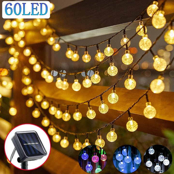 Solar Crystal LED String Lights, 60 LED 8 Lighting Modes, IP65, Fairy Light, Christmas, Garland For Garden Party Decor - 1&2 Pcs