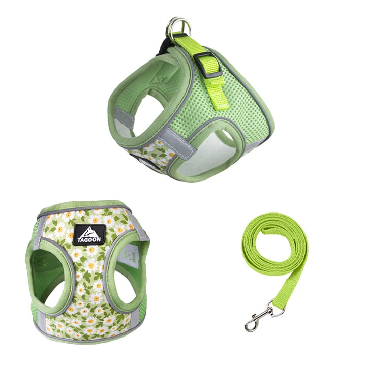 Floral Pet Harness and Leash Set for Small Dogs Reflective Puppy Harness Anti Escape Meash Cat Chest Strap Dog Walking Supplies