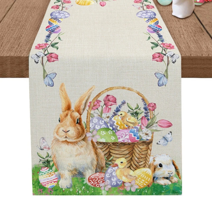 Linen Easter Table Runner Cute Bunny Dining Table Cloth 2024 Spring Holiday Happy Easter Decoration For Home Party Supplies Gift