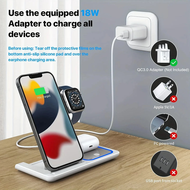 3-in-1 Fast Wireless Charger Station For Cell Phones, Ipods & Smart watches