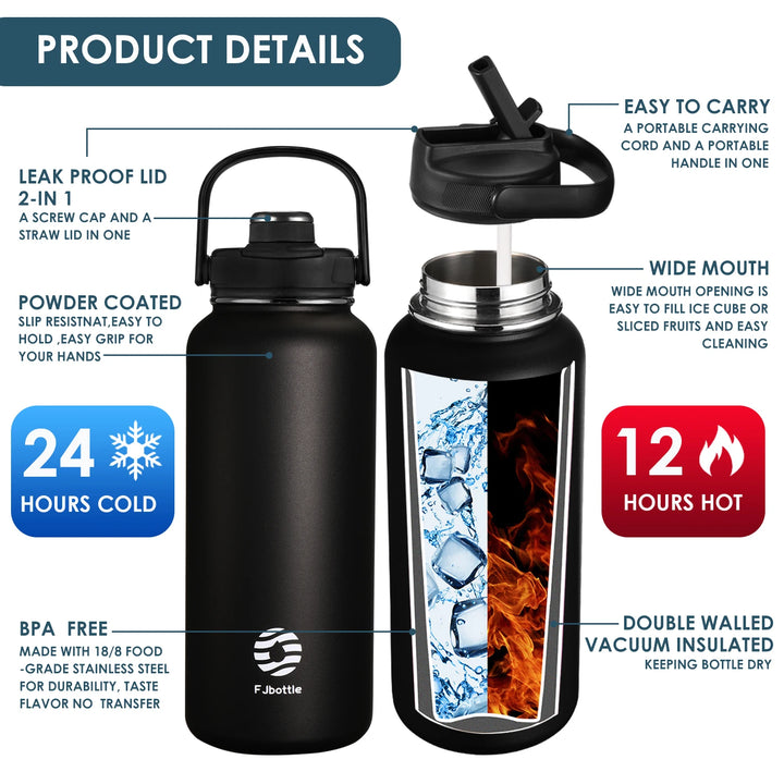 High Quality Stainless Steel Thermos Bottle with Straw | Insulated Vacuum Flask with Handle and Lid, 950ml/1200ml