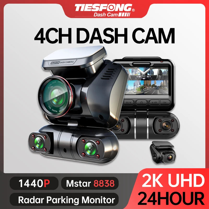 M10 Max 2K 1440P Dash Cam for Car DVR 4CH 360 Degree Camera, 24H Parking Monitor, GPS, Night Vision Auto, Video Recorder