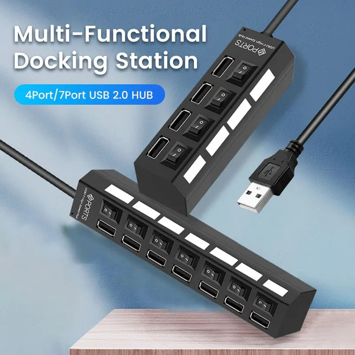 USB 2.0 Hub, Multi USB Splitter, Ports Hub Use Power Adapter 4/ 7 Ports, Multiple Expander Hub with Switch 30CM Cable For Home & Office