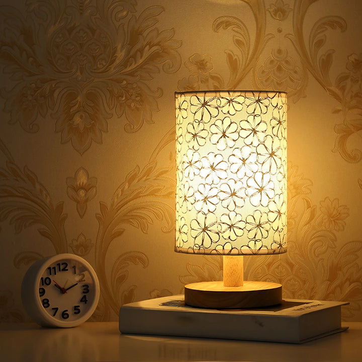 Touch Control LED Linen Table Lamp - Warm White Light, USB Powered Wooden Nightstand Lamp