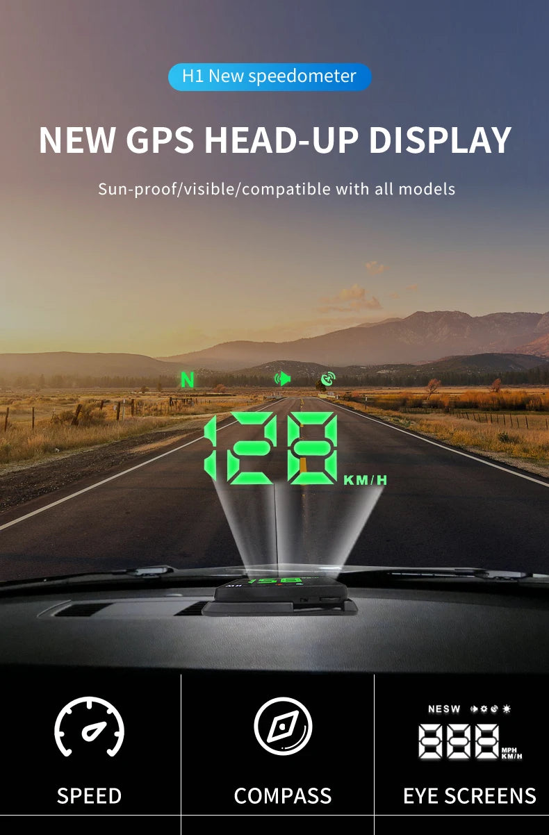 Head-Up Display H1 Car GPS Digital Speedometer With Windshield Projector USB Compatible