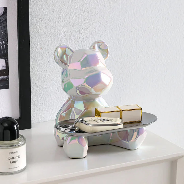 Piggy Bank Geometric Bear Statue With Tray Ceramic Plating  Bookshelf Decoration