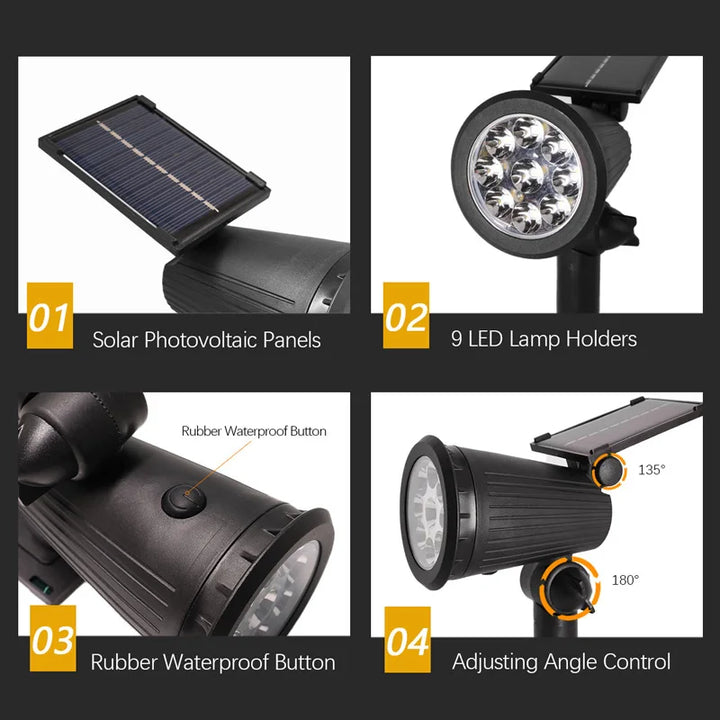 9 LEDs Solar Spotlights, Outdoor, IP65 Waterproof, Spot Lights, Brightness Adjustable for Garden, Backyard, Driveway, Patio, Lawn Decor