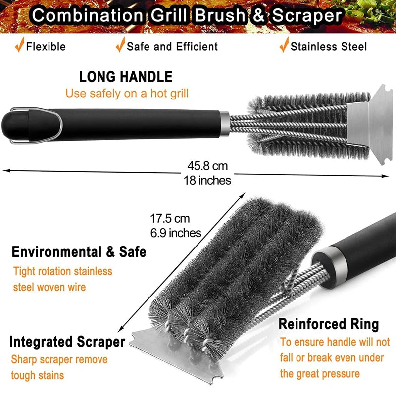 Safe Grill Brush and Scraper - 18 Inch Deluxe Handle, Stainless Steel Bristles for BBQ