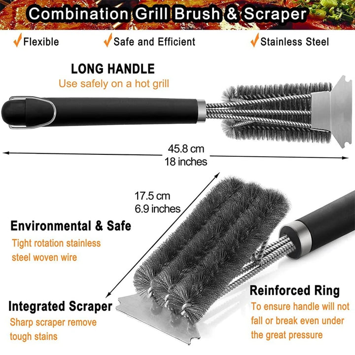 Safe Grill Brush and Scraper - 18 Inch Deluxe Handle, Stainless Steel Bristles for BBQ