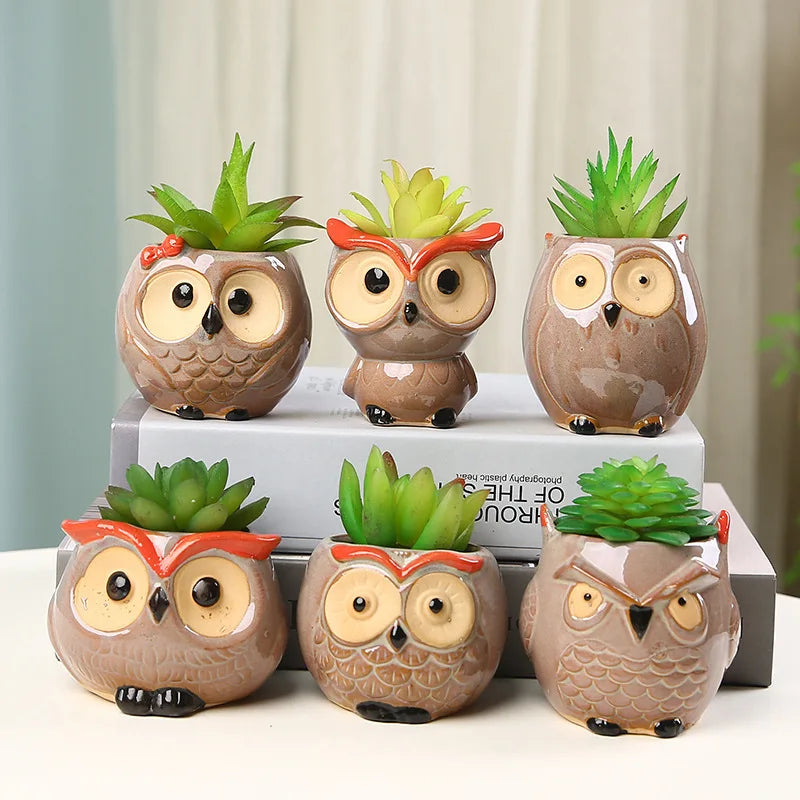 Owl Style Ceramic Flower Pot - Mini Animal Planter for Succulents and Cactus, Garden and Office Decor