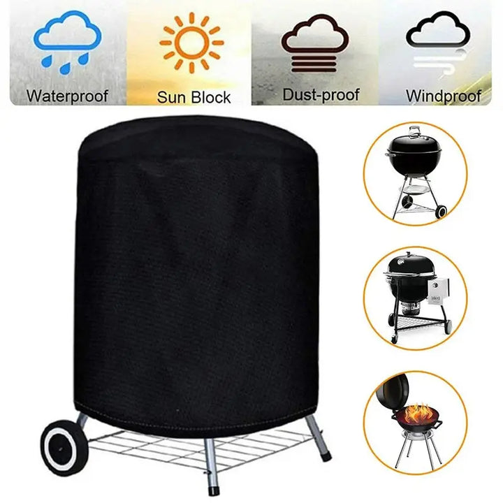 Round Black Outdoor Grill Cover | Fire Pit Stove BBQ Covers | Waterproof Heavy Duty Garden 210D Cloth | Electric BBQ Protection Cover