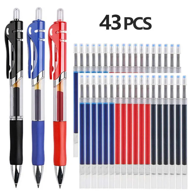 43 PCS Gel Pens & Refills Set Stationery Kawaii Writing Pen Black/Red/Blue Ink | 0.5 mm Ballpoint Pen Office School Supplies