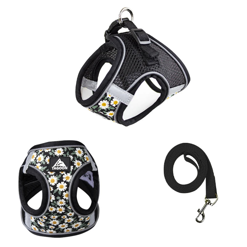 Floral Pet Harness and Leash Set for Small Dogs Reflective Puppy Harness Anti Escape Meash Cat Chest Strap Dog Walking Supplies