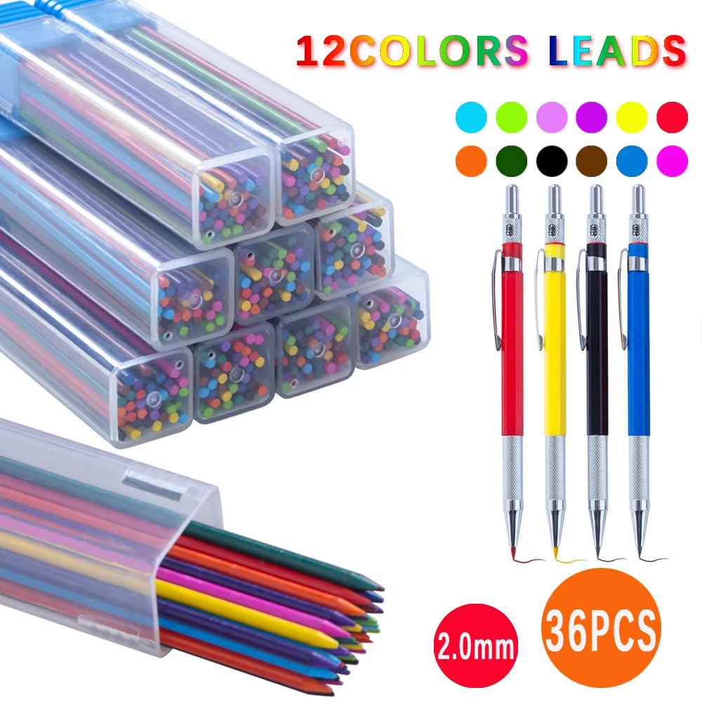 37 Pcs 2.0MM Metal Mechanical Pencil with lead | Art Drawing Design Automatic Pencil For Student Office School Supplies