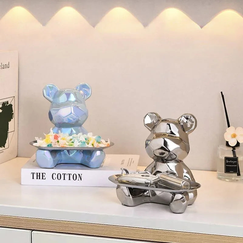 Piggy Bank Geometric Bear Statue With Tray Ceramic Plating  Bookshelf Decoration