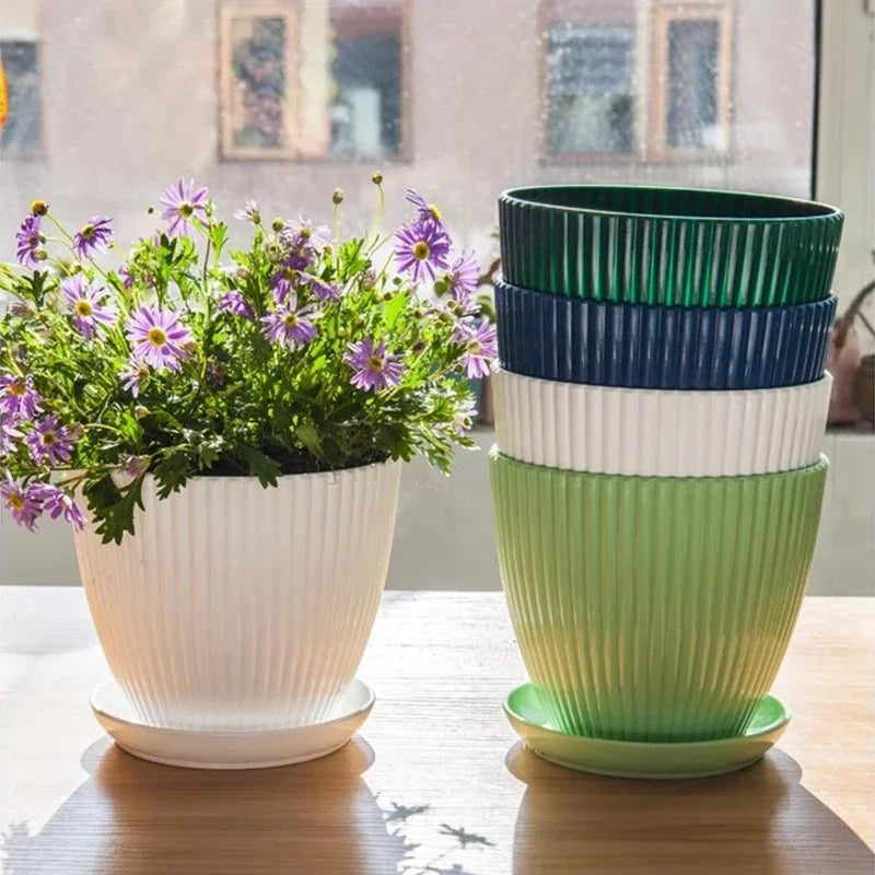 Plastic Succulent Flower Pot with Tray - Vertical Striped Round Planter for Home and Office Decor