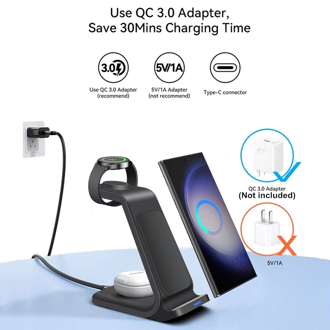 Wireless Charging Station for Samsung Charger 3 in 1 for Galaxy S23 Ultra/S22/S21/Note 20/10, Galaxy Watch 6/5/Pro/4, Buds 2 Pro | Multi Device Charging