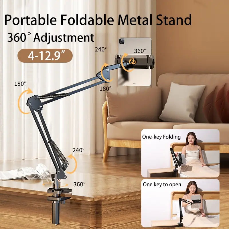 360 Degree Rotatable Tablet & Phone Stand With Long Metal Adjustable Arm For iPad, iPhone etc.