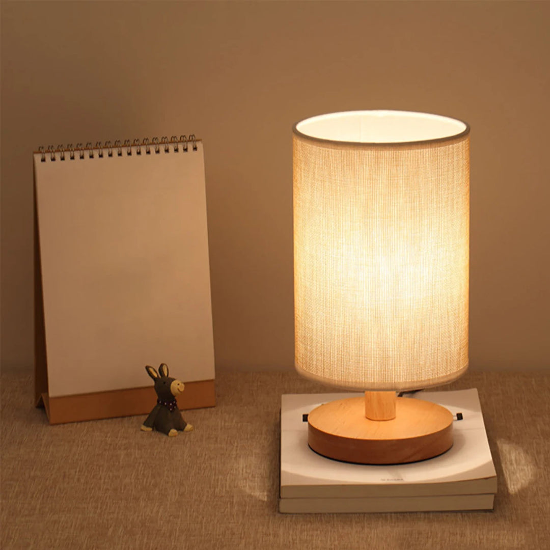 Touch Control LED Linen Table Lamp - Warm White Light, USB Powered Wooden Nightstand Lamp