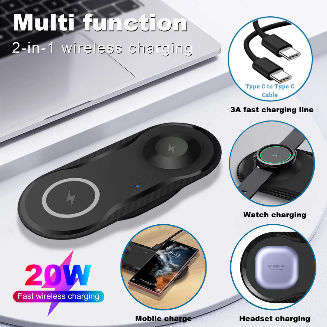 20W 2 in 1 Wireless Charger Pad For Phones, Samsung Galaxy Watch & Air Pods | Smart Fast Universal Charger for With Active Buds Dual Fast Charging Dock Station (No Adapter)