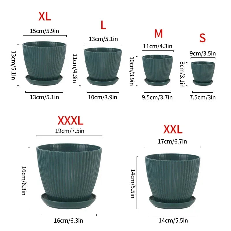 Plastic Succulent Flower Pot with Tray - Vertical Striped Round Planter for Home and Office Decor