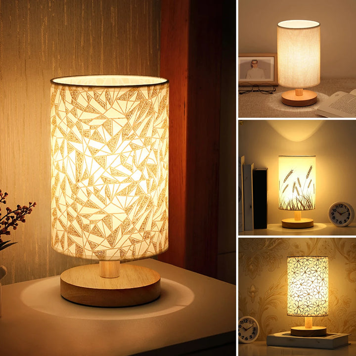 Touch Control LED Linen Table Lamp - Warm White Light, USB Powered Wooden Nightstand Lamp