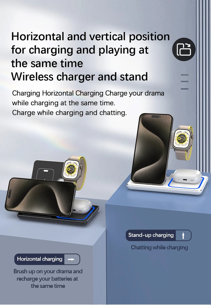 30W LED Portable Fast Wireless Charger Stand 3 in 1 | Foldable Universal Cell Phone Charging Station | Apple Watch 9 8 7 6 5 Airpods Pro (NOT For Samsung Watch & Bud)