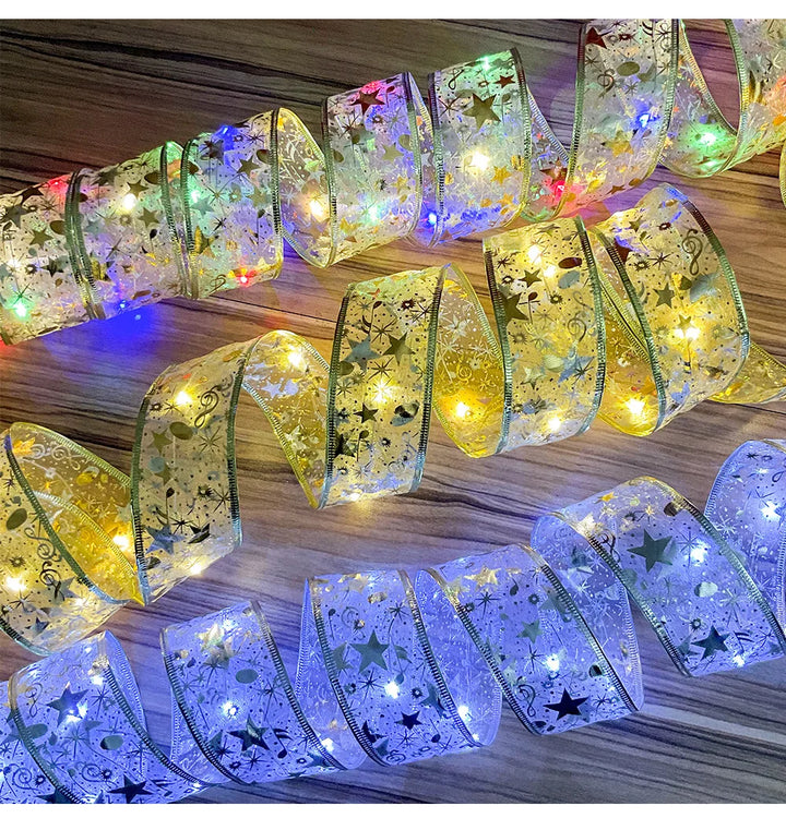 LED Ribbon Lights Christmas, New Year Home Decoration, Christmas Tree Ornaments Lace Bows String Lights 2024