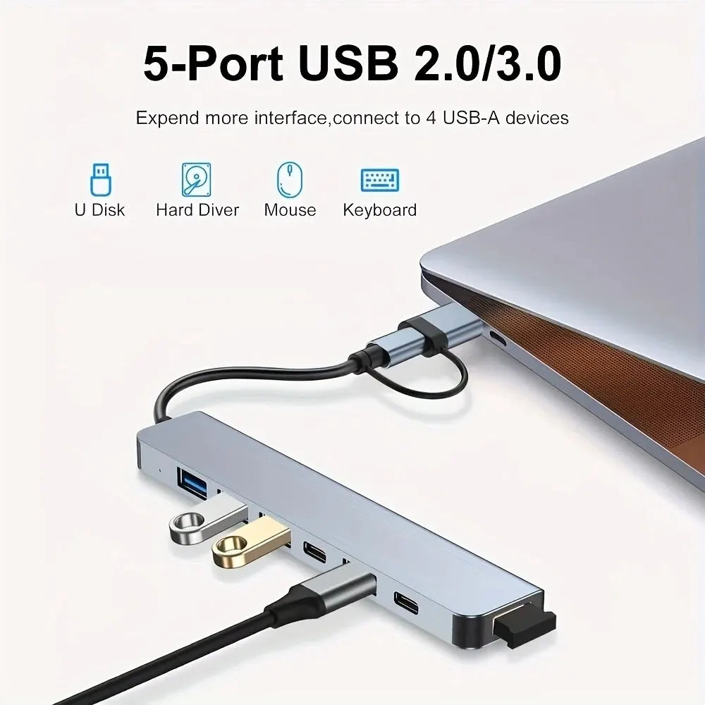 8 In 2 USB HUB With Splitter Card Reader, USB C Port, USB 3.0 / 2.0, SD/TF Splitter Card Reader, Docking Station