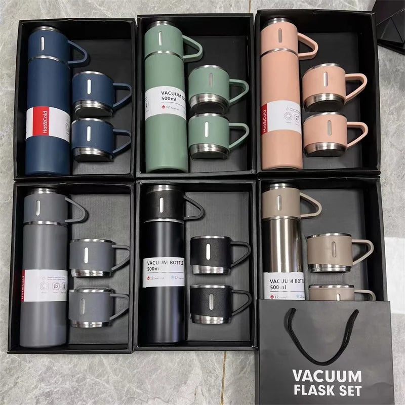 500ML Stainless Steel Vacuum Flask with Business Style Shimmering Design Coffee Mug | Thermos Bottle with Portable Cups