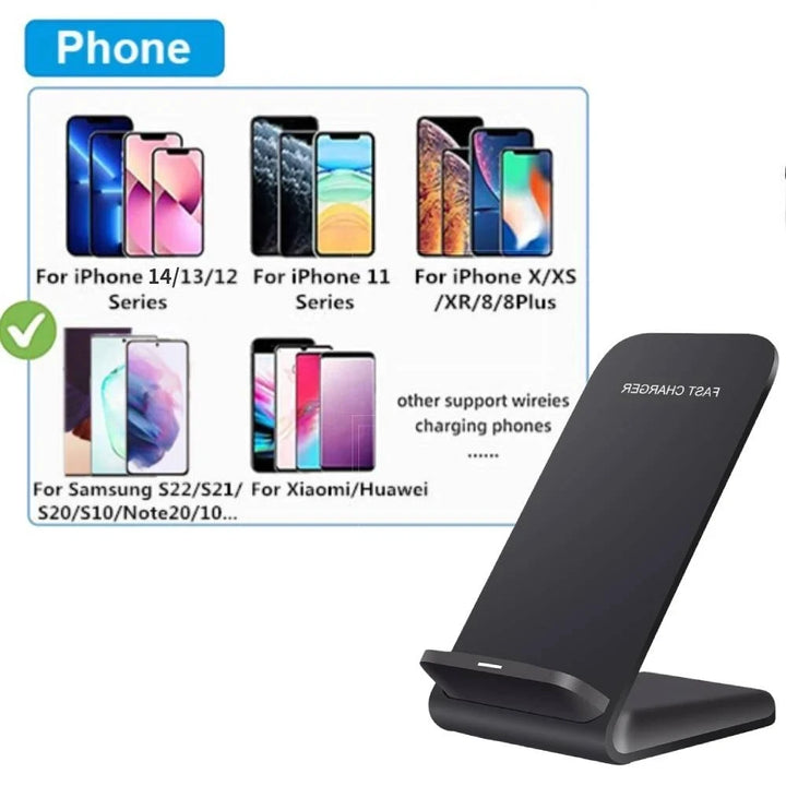 NEW 65W Fast Universal Wireless Charger Stand | Certified Wireless Charger for Samsung S22 S21 Note 20 Fast Charging Stand For iPhone 14 13 12 11 XS XR X 8 AirPods Pro & Google Phones (No Adapter)