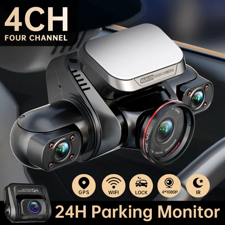 TiESFONG 360 Dash Cam M8S 4CH HD 4*1080P for Car DVR 24H Parking Monitor Video Recorder Night Vision WiFi Built-in GPS 256GBmax