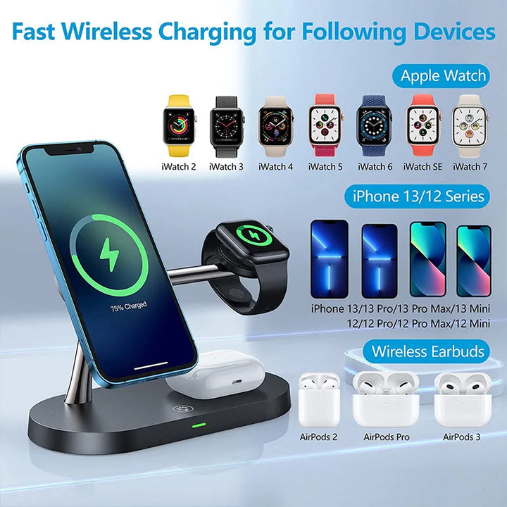 3-in-1 Wireless Fast Charging Magnetic Stand | Fast Charging Station for Apple Watch 9 8 7 6 5, AirPods 2 3 Pro | iPhone 12 13 14 15