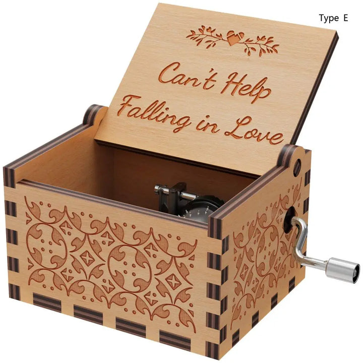 Sentimental wooden music box with love inscription