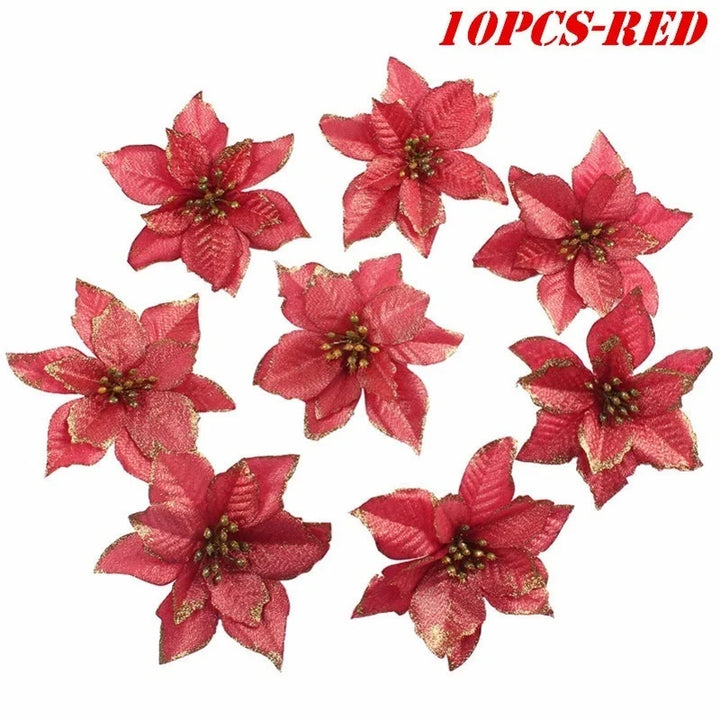 Set of 10 glitter poinsettia ornaments